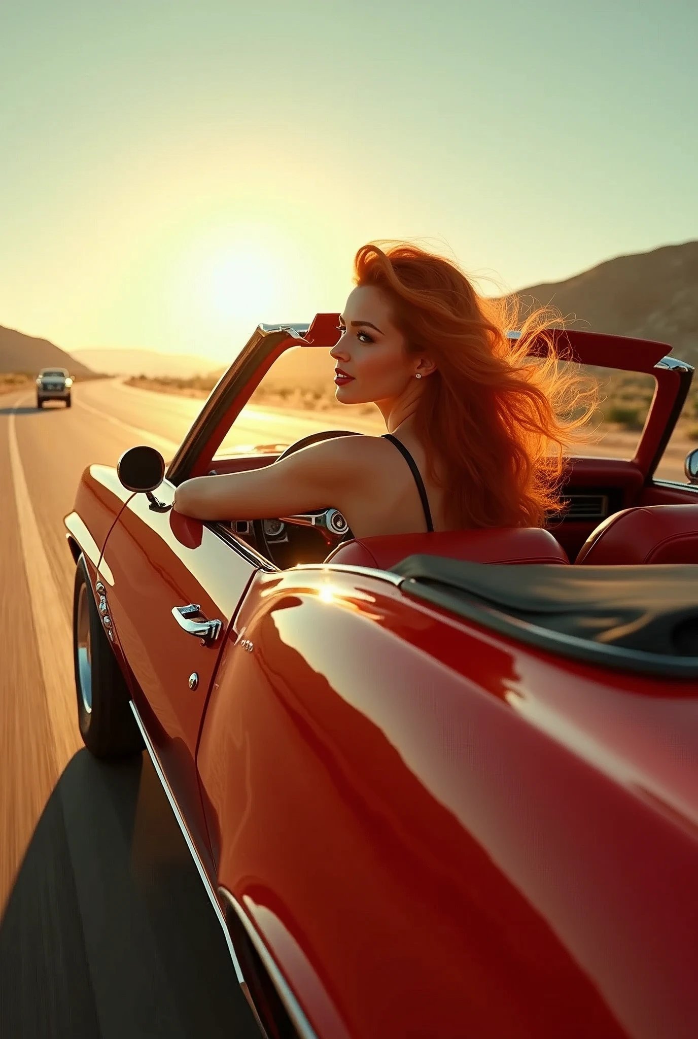 A cinematic wide-angle shot captures a ravishing redheaded pin-up girl behind the driver's wheel driving a gleaming 1969 firebird 400 convertible as it speeds down the road. She exudes joy as her red hair flies in the wind as she speeds down the highway. The red Firebird' gleams intensely in the retina-searing sunlight, every detail - from the gleaming wheels to the sculpted fenders - a testament to masterful realism., Hyperrealism, high detail, Hyperrealism, high detail, retina, masterpiece, accurate, anatomically correct, textured skin, super detail, high quality, award winning, highres, 4K, 8k, 16k