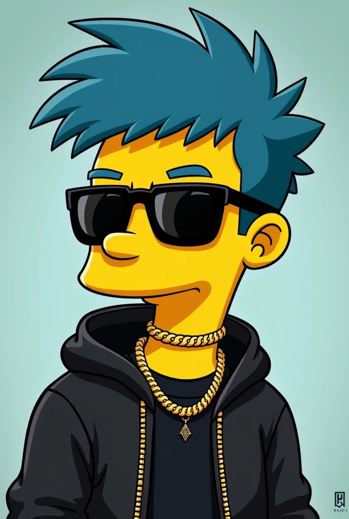 an image of Milhouse as a reggaeton singer, but keeping its design, I imagine I could wear modern black clothes. typical of urban style. I would include big sunglasses, a gold chain. Your hairstyle could be a little more modern., maybe with a faded cut with her blue hair color 