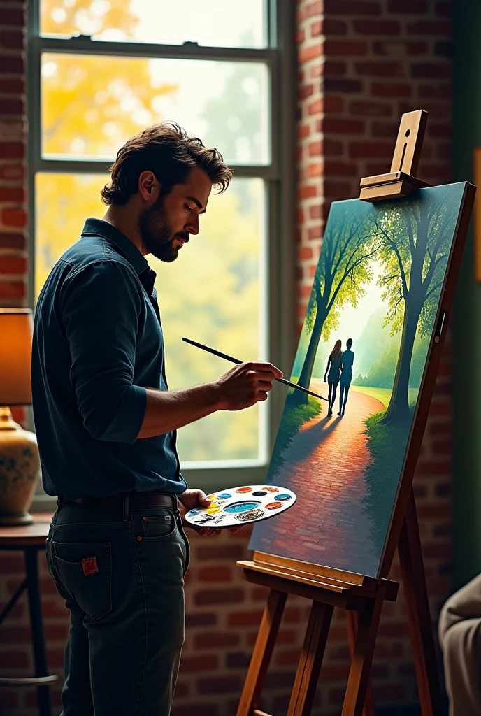 Henry Cavill in a brick apartment, painting a path in Central Park with a couple's silhouette walking. Henry holds a paintbrush and a palette of colors in his hands.
