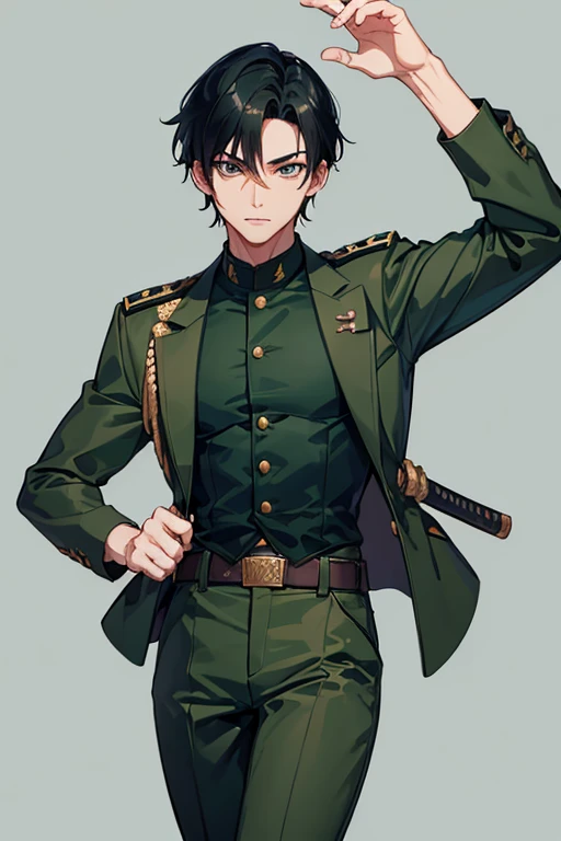 man in his 30s Asian slim complexion muscles open military uniform green vest military print green pants black hair blue black eyes dark skin tattoo holding a katana