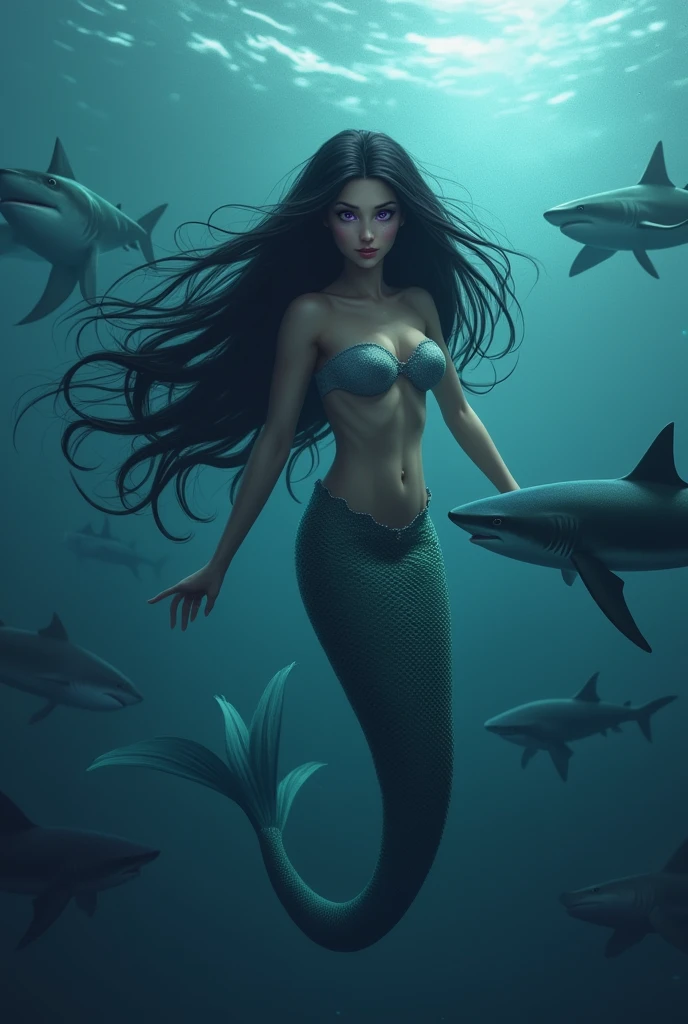 black-haired mermaid with a greenish fish tail touching a diving suit, octopus and shark, corals in the background, ocean, fear, Terror, haze, dramatic lighting , cinematic lighting, best qualityer, hyper realist, highy detailed