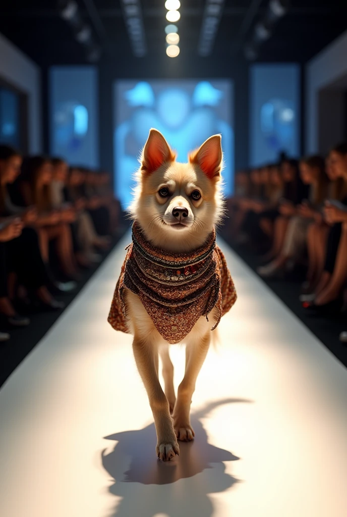 A beautiful dog walking down the runaway at a fashion show, cloth categories
