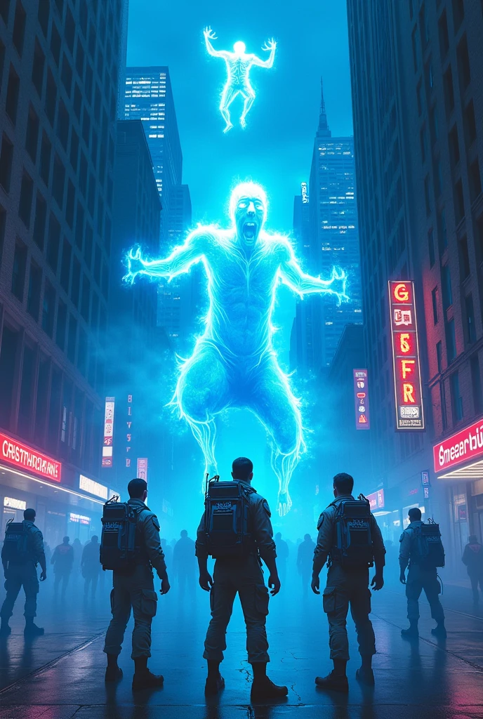 Ghostbusters en cine azul con fantasmas 