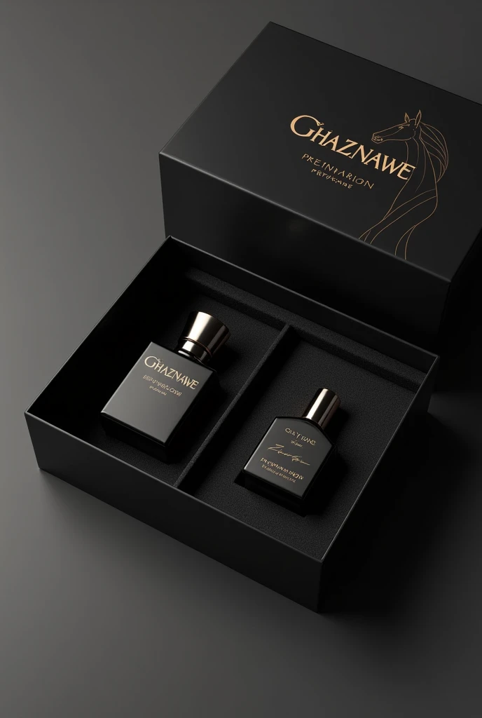 I want a branded box for my perfume a simple black box with space for perfume and a small bottle of (atarr) and my perfume name ghaznawe and logo is horse and ma brand name is zr may you understand my say