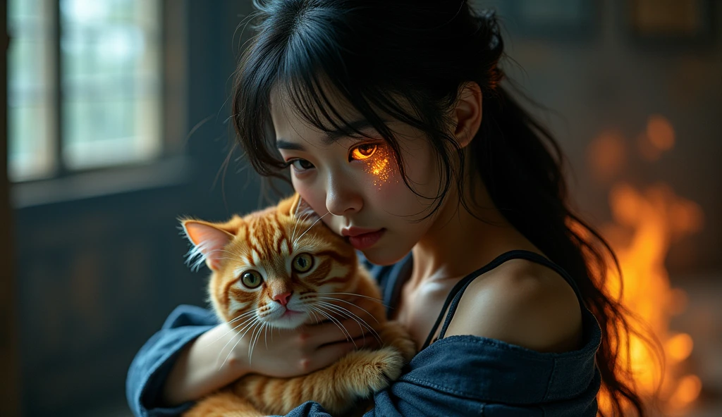 front side of a asian woman, mullet hair,wear navy torn pajamas , creates and destroys hands, one eye shedding tears of beauty and light, the other crying flames that incinerate and consume, representing the dual forces of creation and destruction. Settings: Ultra-detailed , realistic photography, concept art, dynamic movement pose ,hug a chubby orange cat ,dark gothic architecture bg