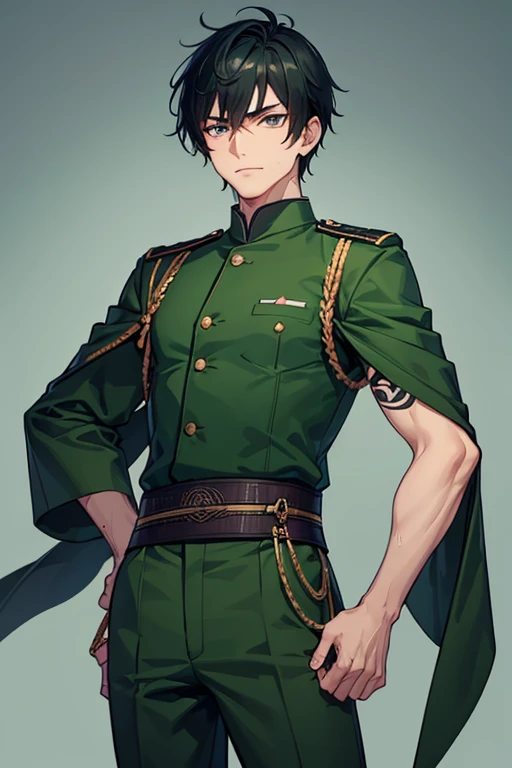 man in his 30s Asian slim complexion muscles open military uniform green vest military print green pants black hair blue black eyes dark skin tattoo holding a katana