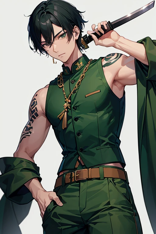 man in his 30s Asian slim complexion muscles open military uniform green vest military print green pants black hair blue black eyes dark skin tattoo holding a katana