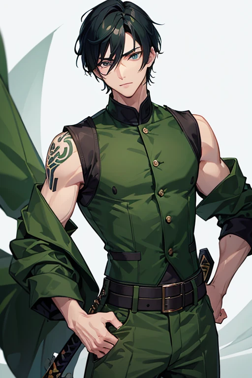 man in his 30s Asian slim complexion muscles open military uniform green vest military print green pants black hair blue black eyes dark skin tattoo holding a katana