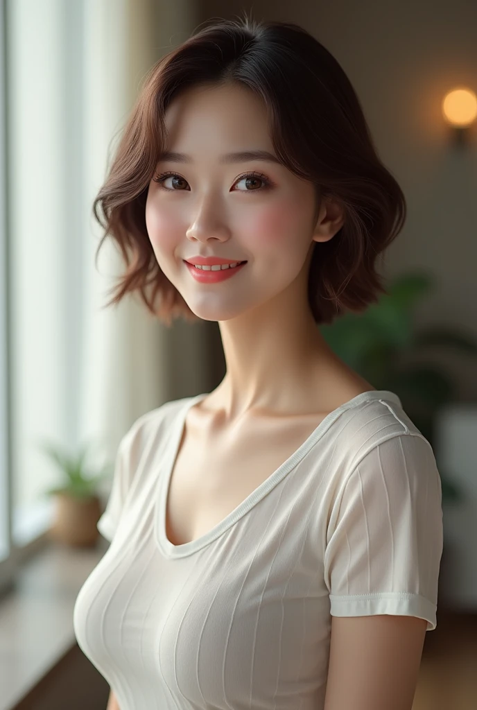 Very detailedな CG Unity 8k 壁紙, Highest quality, Very detailed, masterpiece, Realistic, Realistic写真, Age: 50, (office lady), smile , Round eyes, Small breasts , The audience is, Full Body Shot , Stylish living room, , Brown hair trends Brown hair short cut Wet see-through T-shirt Provocative look 人を惹きつけるsmile Staring at the photographer Wet white t-shirt Morning Preparation Sexy lips Wet see-through T-shirt Sexy lips Protruding lips Pink lips that captivate men Thick lips 分Thick lips Whitening with cosmetic effects Showing your belly button Wet Hair Wet T-shirt Touching your hair color々stop temporarily