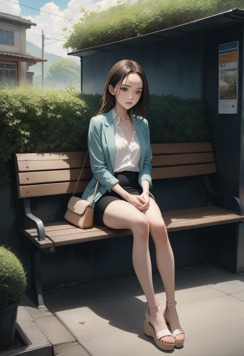 realistic anime illustration of woman is sitting on marble seat at abandon bus stop, green bush background, she has dark-brown shoulder length hair (+forehead), she wearing turquiose long sleeve jacket, white short sleeves collared shirt, unbuttoned top shirt, black pencil mini skirt, and beige platform sandals, beige bag on her lap, (1girl, solo,full body), (masterpiece, best quality, japanese anime style), (expressive eyes, perfect face)