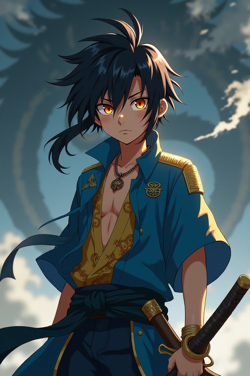 , Blue Pirate Shirt Unbutton, Child, Adolescent, pre-adolescent, samurai, , 12 years old, Epic battle, divine combat, Man , round face, neck necklace,Hunting around his neck, serious face, Long Sleeve, Gold Dragon Pattern Shirt , Bright Orange Eyes, Firm Face, Long hair, black Hair, Handsome Man, Pirate Belt, Sword in hand , Blurred silhouette of a Chinese dragon in the shadows, , atmosphere , Anime manga style.