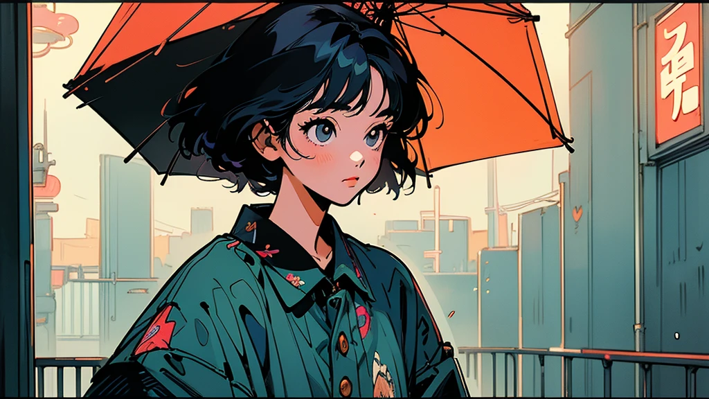 masterpiece, Highest quality, one girl walking down a rainy Tokyo street, short hair,holding an umbrella, with neon signs reflecting on the wet pavement, lyco art, a manga drawing, by Satoshi Kon, lofi hip hop, wlop : :, ukiyo, ukiyo-style, yukito kishiro.one girl.