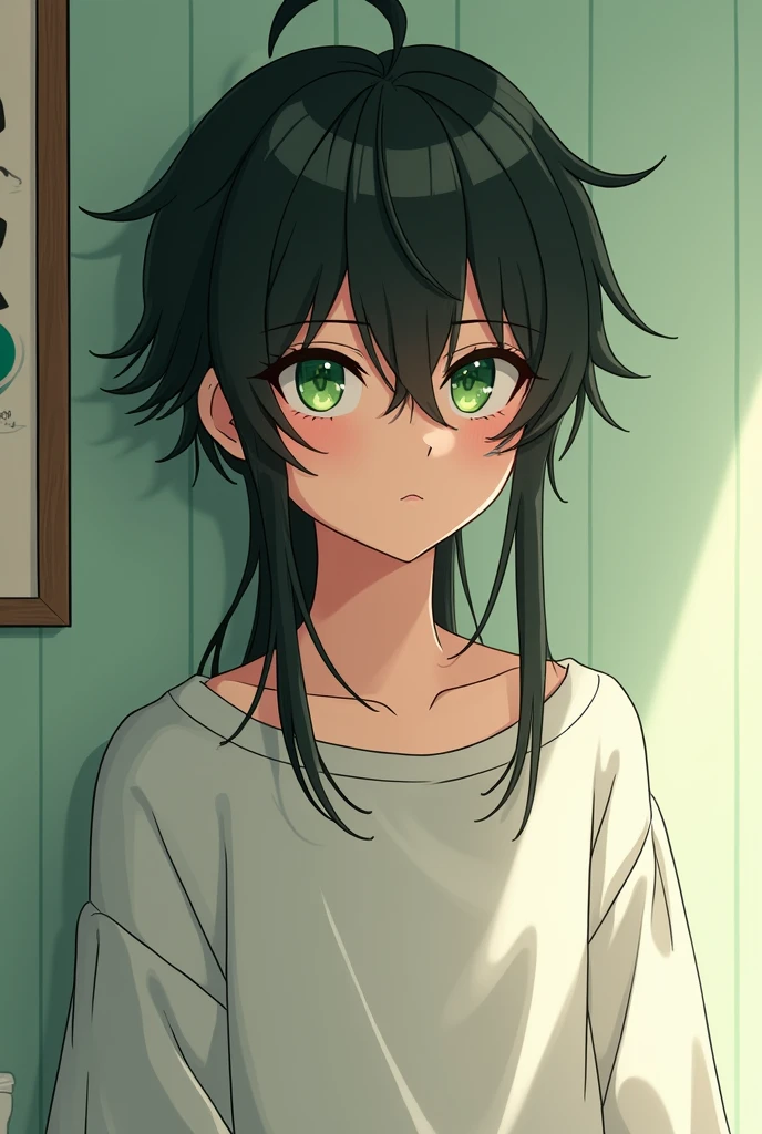 Saemi is a boy around 20-25 years old, of somewhat thin build but equally curvy, He has green eyes and black hair that reaches his shoulders.,Her hair is almost always fluffy and she wears loose clothing.,It&#39;s in an anime or cartoon style