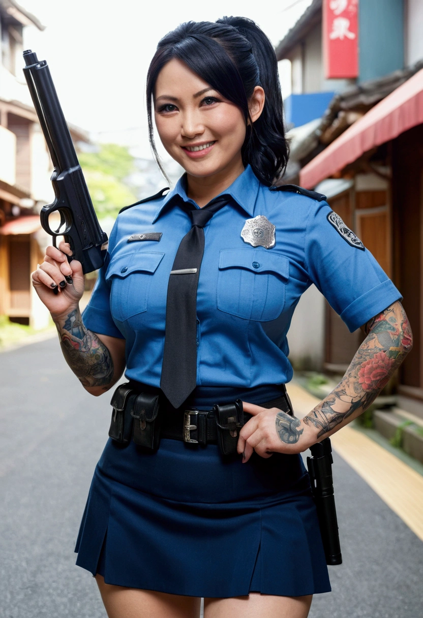 Female model,40 years old,Japanese ethnic group,tipe tubuh tebal berbig breasts,tattooed white skin,big breasts,big ass thick thighs,facing a seductive smile,ginger hair color,ponytail hair type,blue eye color,mini skirt police costume,,holding a gun at full body distance,dynamic angle,seductive pose action,city street,cinematic lights,realism style