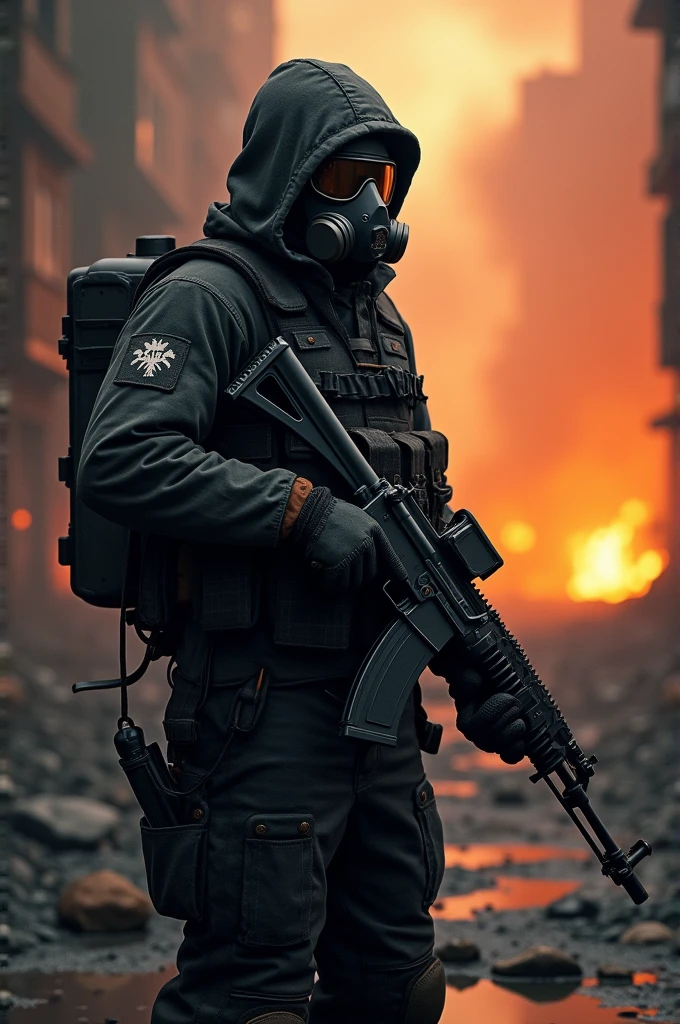 A soldier in a black gas mask in a black uniform with an AK against the background of a burning building