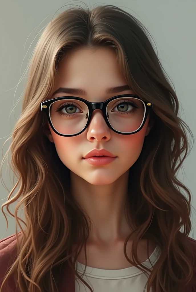 A teenage girl with long, curly brown hair wearing black glasses. An image that looks real

