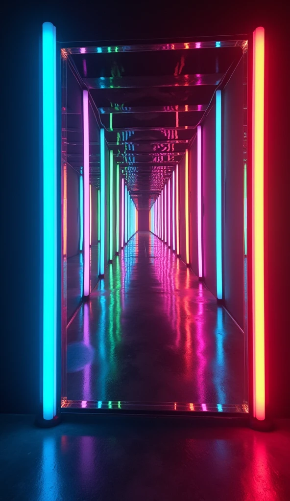 infinity mirror, reflections of neon fittings goes on forever