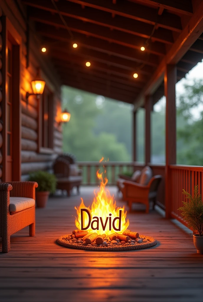 Porch with fire that says David