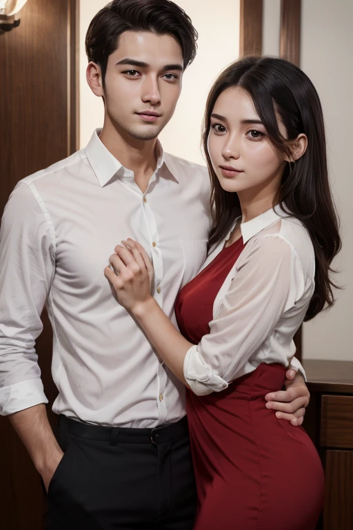 A handsome 27 year old boy and 24 year old girl were in love. The boy is wearing a white shirt and black pants. His shirt is folded close to his elbow and he has a lovely look. The girl is very beautiful and she is wearing a red dress. Her appearance is soft. They hugged each the on a  where at night