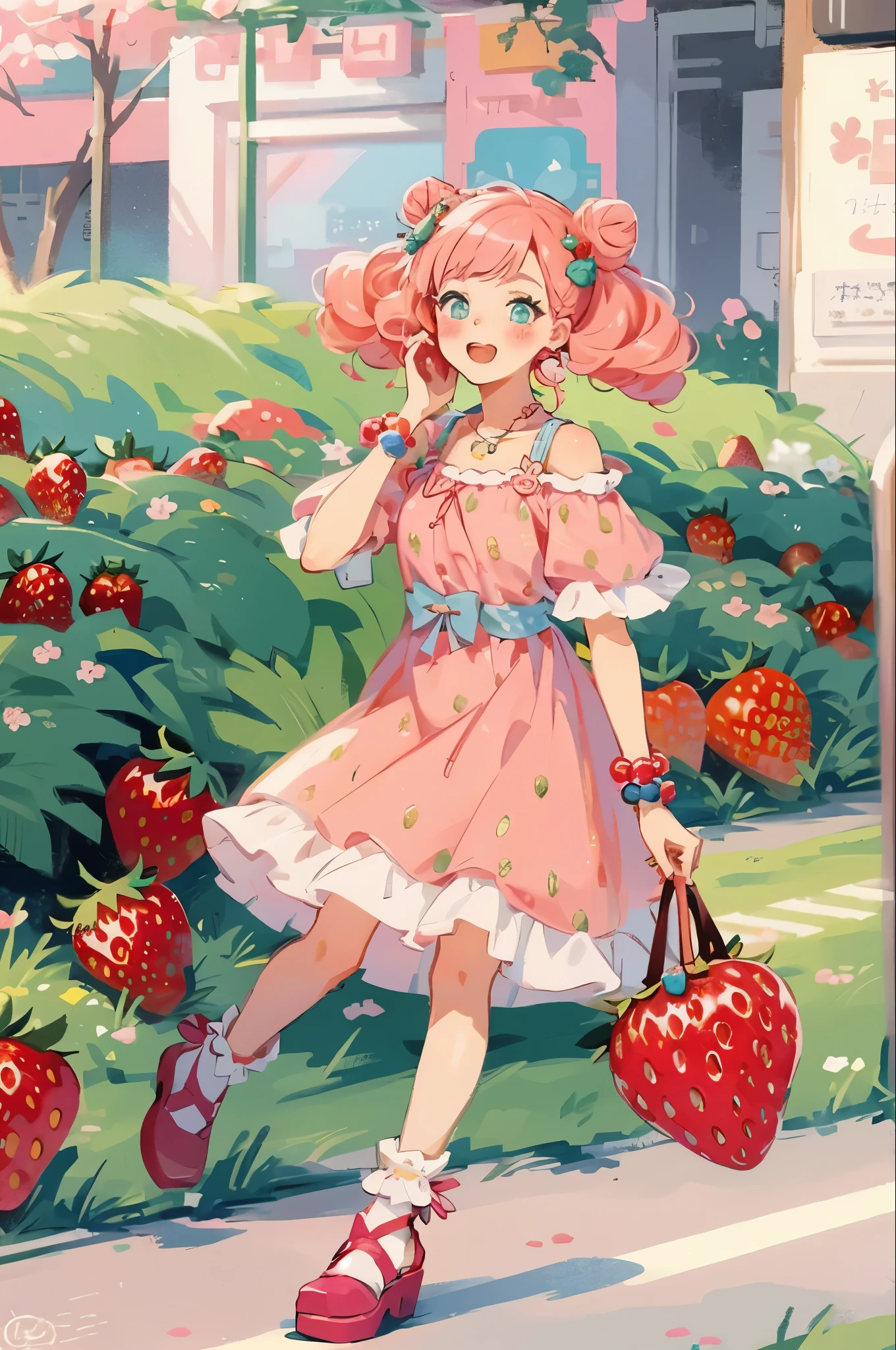 1 girl solo, ((strawberry)), pink hair buns, curly hair, cute dress, harajuku street fashion, decora fashion, beads and charms, many accessories, strawberry theme clothes, ,Kawaii, cute, pretty, anime, pastel,