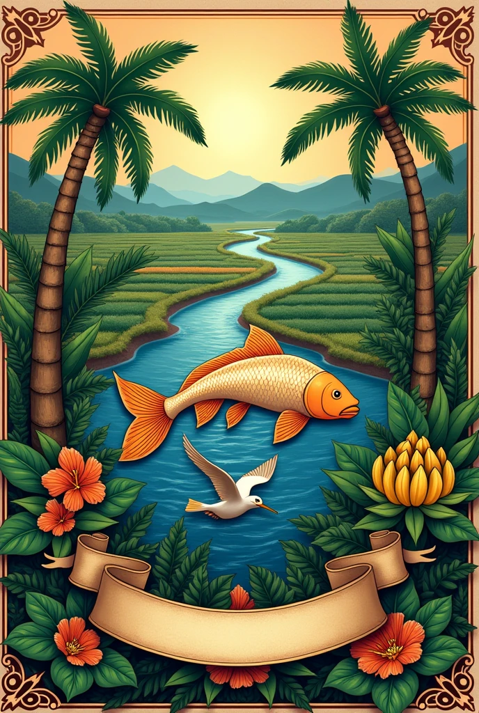 Coat of arms of a flag with river,Pisces, bird, palm tree, banana tree and farms. With a stripe underneath, to write something!