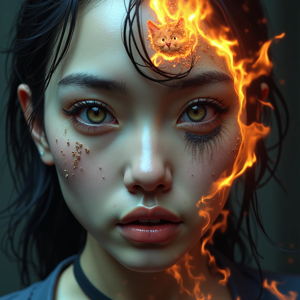 front side of a asian woman, mullet hair,wear navy torn pajamas , creates and destroys hands, one eye shedding tears of beauty and light, the other crying flames that incinerate and consume, representing the dual forces of creation and destruction. Settings: Ultra-detailed , realistic photography, concept art, dynamic movement pose ,hug a chubby orange cat ,dark gothic architecture bg