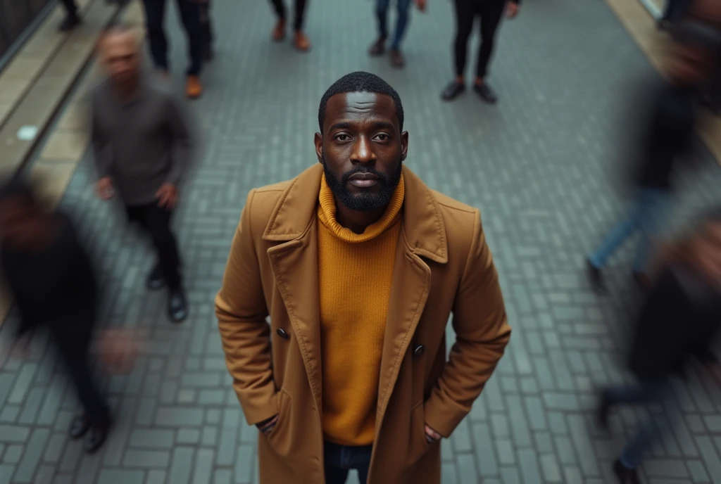 A black man stands still in the center of a bustling, busy street, surrounded by blurred figures walking past him. The scene is captured from an overhead perspective, highlighting the contrast between the man’s calm, focused expression and the motion of the crowd around him. He is dressed in a brown coat over a mustard sweater, creating a muted color palette against the urban environment of brick pavement. The mood is contemplative and introspective, with a sense of stillness amidst chaos.