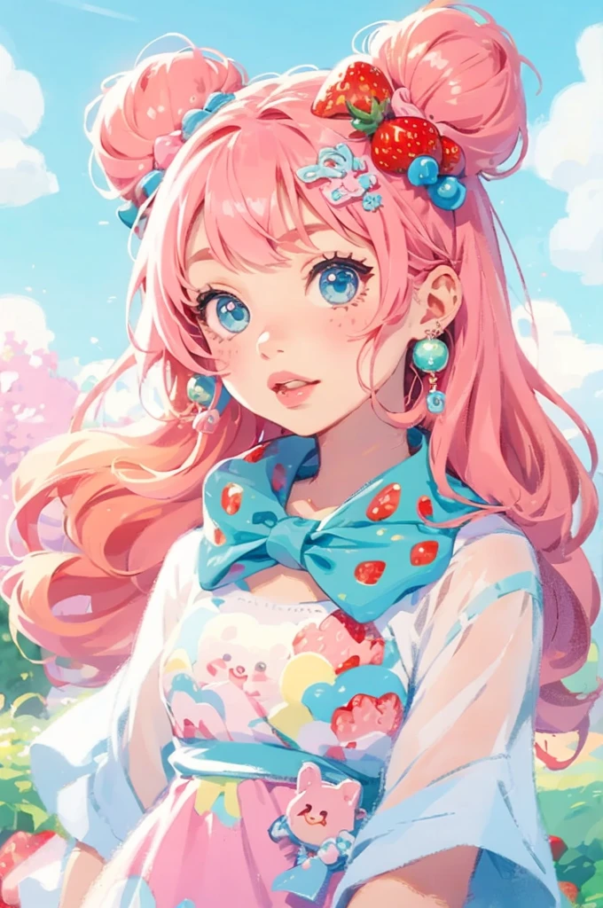 1 girl solo, ((strawberry)), pink hair buns, curly hair, cute dress, harajuku street fashion, decora fashion, beads and charms, many accessories, strawberry theme clothes, ,Kawaii, cute, pretty, anime, pastel,