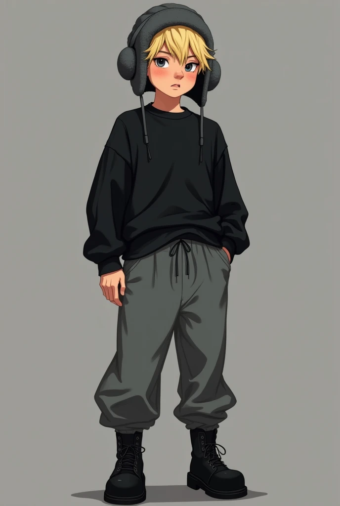 a teen with a black long-sleeved shirt, long, sagging gray pants, as well as his Earflap hat knitted in the same tone of gray that tried to keep his rebellious fake blonde hair imprisoned, his face with his hooded eyes and a mole near his eyes. left, button nose, thin and pink lips, long black platform boots that did not matter much because of the long pants, but that added height, clothes that did not reveal much of a fairly sculpted physique, however not bulky and big but voluminous small due to his genetics.