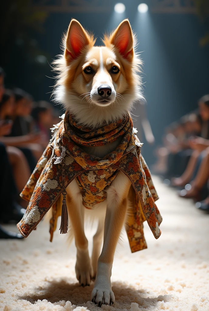 A beautiful dog cloth cutting salting different different rane standup walking down the runaway at a fashion show,