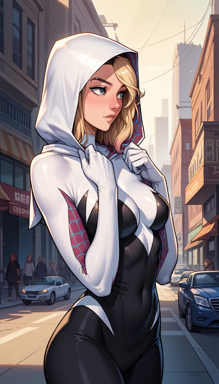 ((best quality)), (highly detailed:1.2), masterpiece, ((official art)),1girl, solo,beautiful face, symbiote,spider gwen,SVGM,hood, completely black clothing, looking to the side, body to the side, the body is to the side, she's standing, pernas abertas, bernas grossas, bunda grande, peitos grandes,