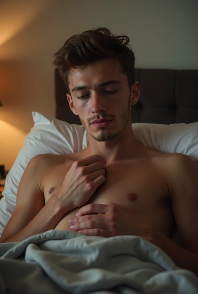 A young man sucking his friend&#39;s cock on his bedroom bed while masturbating