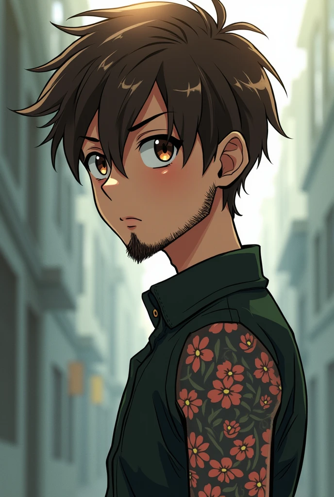 Anime style character, thin, brown hair and eyes, beard and tattoo on one arm