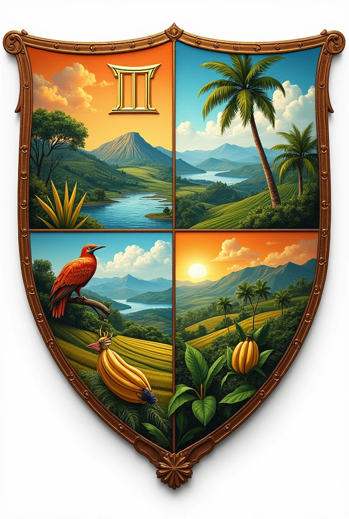 Coat of arms of a flag in the shape of a shield, with river,Pisces, bird, palm tree, banana tree and farms. With a stripe underneath, to write something!