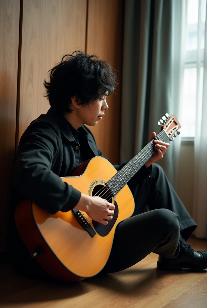 there is a man sitting on the floor Play Guitar, Guitarist, Play Guitar, Hiroaki tsutsumi style, Holding a guitar, man Play Guitar, Daisuke Tsutsumi, Kosuke Ono, Yuya Nagai, Play Guitar, Hiro, Acoustic Guitar, Also, Play Guitars, Guitar Hold