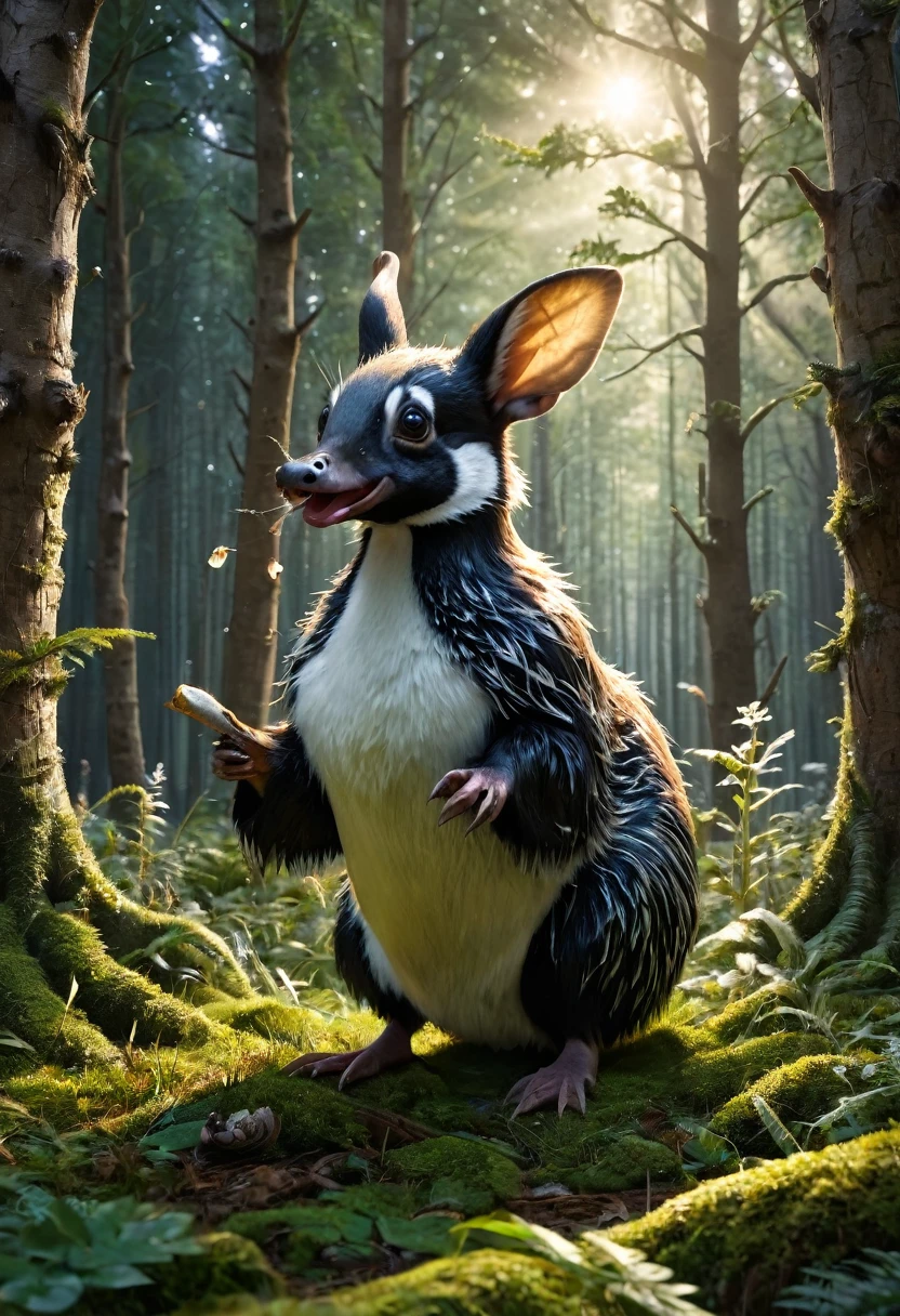 a surreal Wolpertinger, Hybrid creature made of duck, Badger and mouse in a forest clearing, (best quality,4K,8k,highres,​masterpiece:1.2),Ultra-detail,(Realists,photoRealists,photo-Realists:1.37),elaborate details,cinematic lighting,The Fantasy,Digital Drawing,surreal,Very detailed,Film composition,keen focus,photoRealists,hyperRealists,mystical,Ethereal,fantastic,exhilarated,noticeable,dream-like,conceptual,imaginative