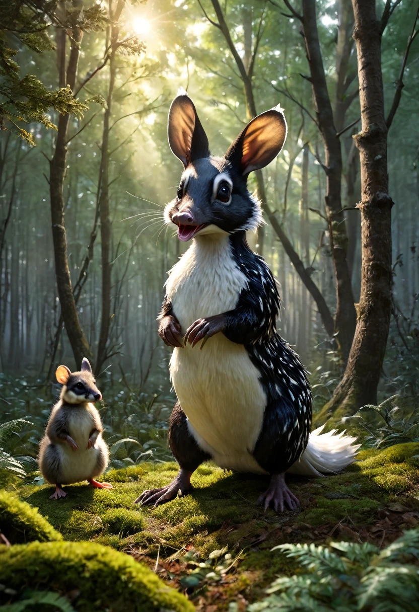 a surreal Wolpertinger, Hybrid creature made of duck, Badger and mouse in a forest clearing, (best quality,4K,8k,highres,masterpiece:1.2),Ultra-detail,(Realists,photoRealists,photo-Realists:1.37),elaborate details,cinematic lighting,The Fantasy,Digital Drawing,surreal,Very detailed,Film composition,keen focus,photoRealists,hyperRealists,mystical,Ethereal,fantastic,exhilarated,noticeable,dream-like,conceptual,imaginative