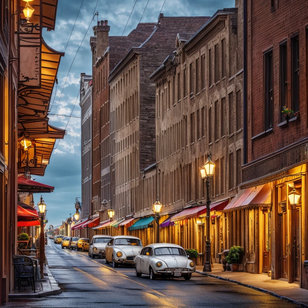 a cozy small town in rural america, vintage buildings, shops, counters, winding road, parked cars, street lamps, overcast sky, warm lighting, detailed architecture, charming atmosphere, muted colors, photorealistic, cinematic, (best quality,4k,8k,highres,masterpiece:1.2),ultra-detailed,(realistic,photorealistic,photo-realistic:1.37),HDR,UHD,studio lighting,ultra-fine painting,sharp focus,physically-based rendering,extreme detail description,professional,vivid colors,bokeh