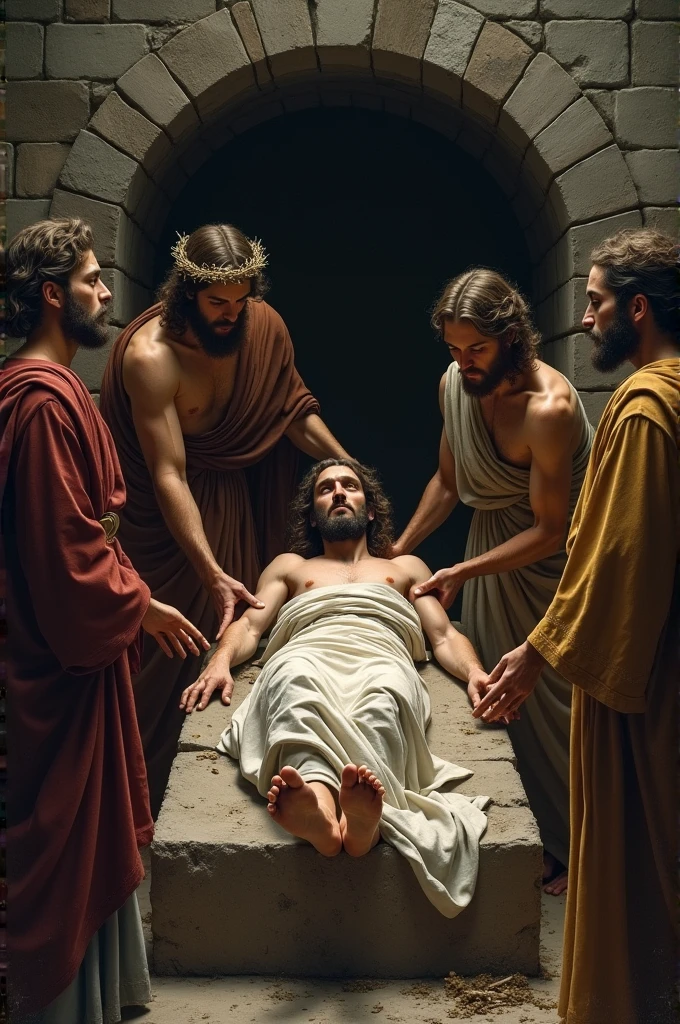 Create an image of Jesus&#39; body being buried in the tomb 