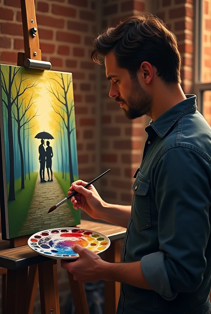 Henry Cavill in a brick apartment, painting a Central Park path with a silhouette of a couple walking and sharing an umbrella. Henry, clean-shaven, holds a paintbrush and a palette of colors in his hands.