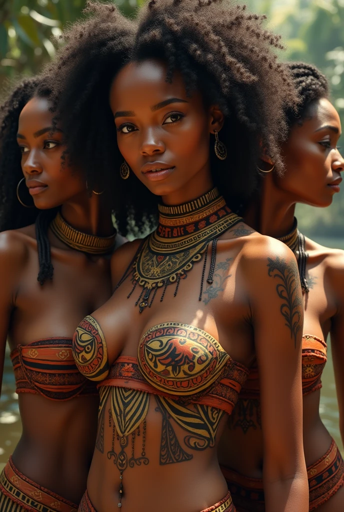 Two black-haired, ebony slim beautiful prehistoric women, with big breasts, dressed half naked in prehistoric loincloth from 10000 years ago.