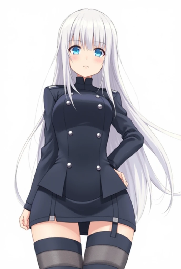 anime-style Girl with long, straight white hair and striking blue eyes. The character is looking slightly downward with a neutral or serious expression. She is wearing a dark outfit that resembles a military or police uniform, with a high collar, buttons, and a fitted design that accentuates her figure. The outfit includes a short skirt and thigh-high boots or stockings. The perspective of the image is from a low angle, looking up at the character, which emphasizes her authoritative and commanding presence. The background of the image is plain white, making the character the focal point.