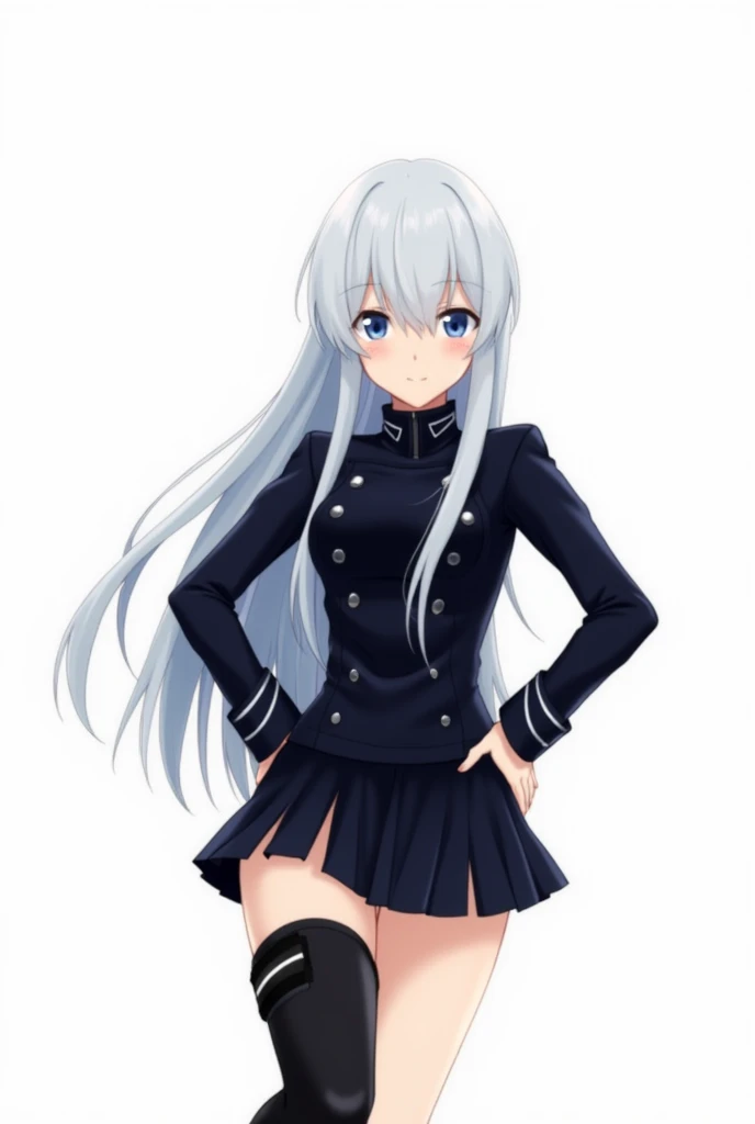 anime-style Girl with long, straight white hair and striking blue eyes. The character is looking slightly downward with a neutral or serious expression. She is wearing a dark outfit that resembles a military or police uniform, with a high collar, buttons, and a fitted design that accentuates her figure. The outfit includes a short skirt and thigh-high boots or stockings. The perspective of the image is from a low angle, looking up at the character, which emphasizes her authoritative and commanding presence. The background of the image is plain white, making the character the focal point.