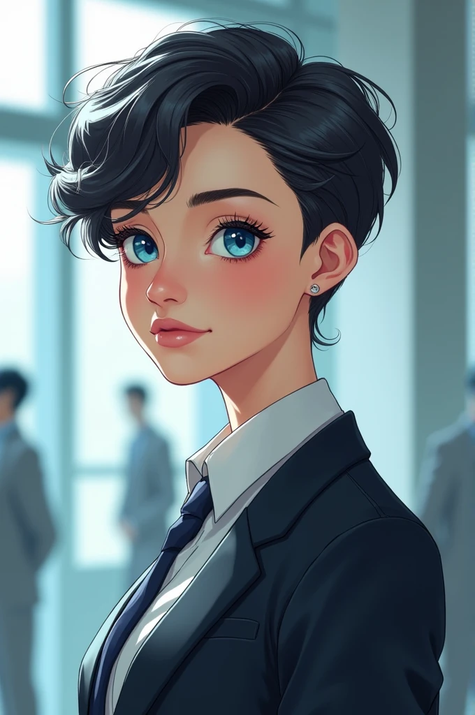 Young Scientist, a book style haircut, balnco, blue eyes, attractive, showed formal