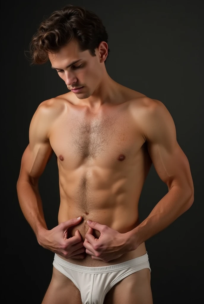 Image of actor Tom Holland shirtless with his hands holding his member over his underwear. His body is dirty and he seems to like it a lot