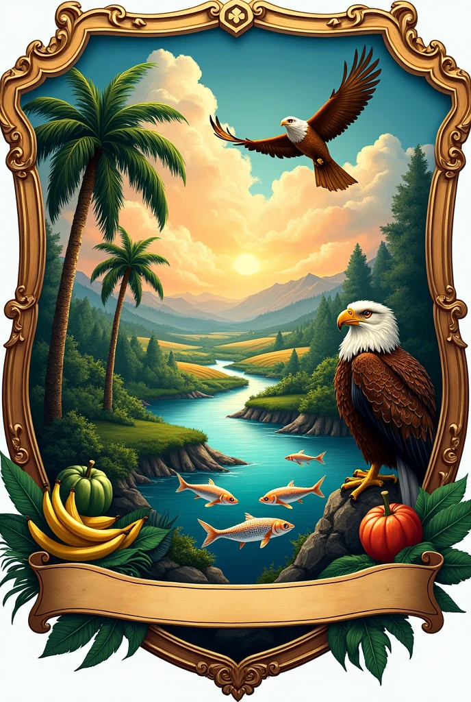 Coat of arms of a flag in the shape of a shield, with river,Pisces, bird, palm tree, banana tree and farms. With a stripe underneath, to write something!