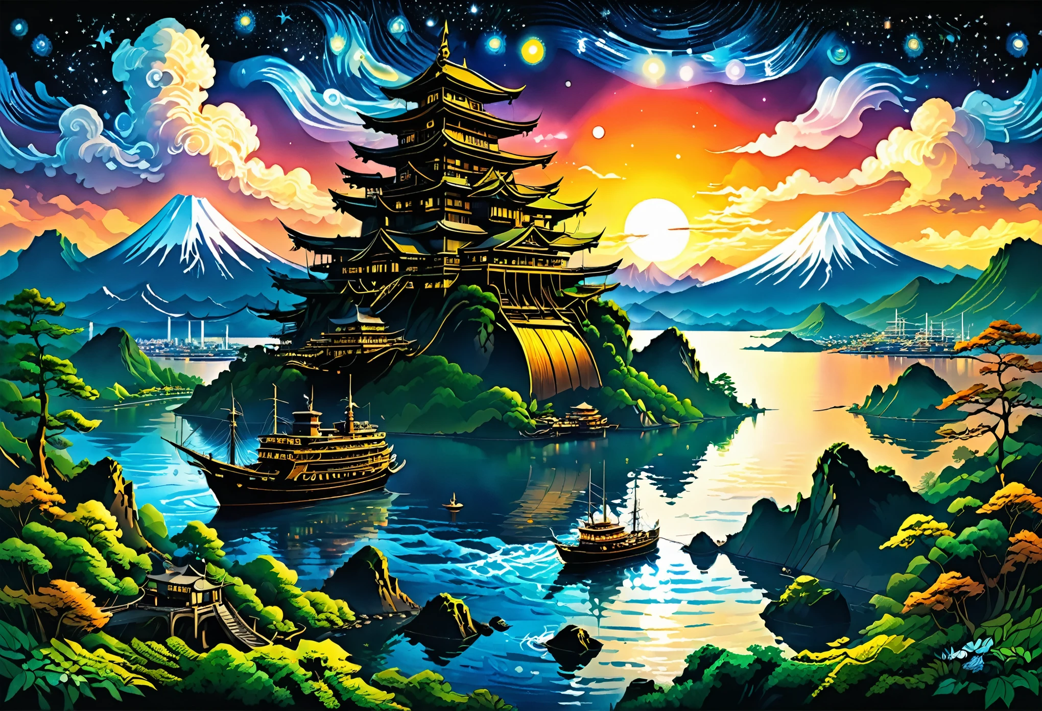 (Night lake illustration), 
naturey, Sunset, ( Lago Kawaguchi e Monte Fuji), leisure cruise ship shaped like a pirate ship, spectacular view, best qualityer, work of art, intericed detail