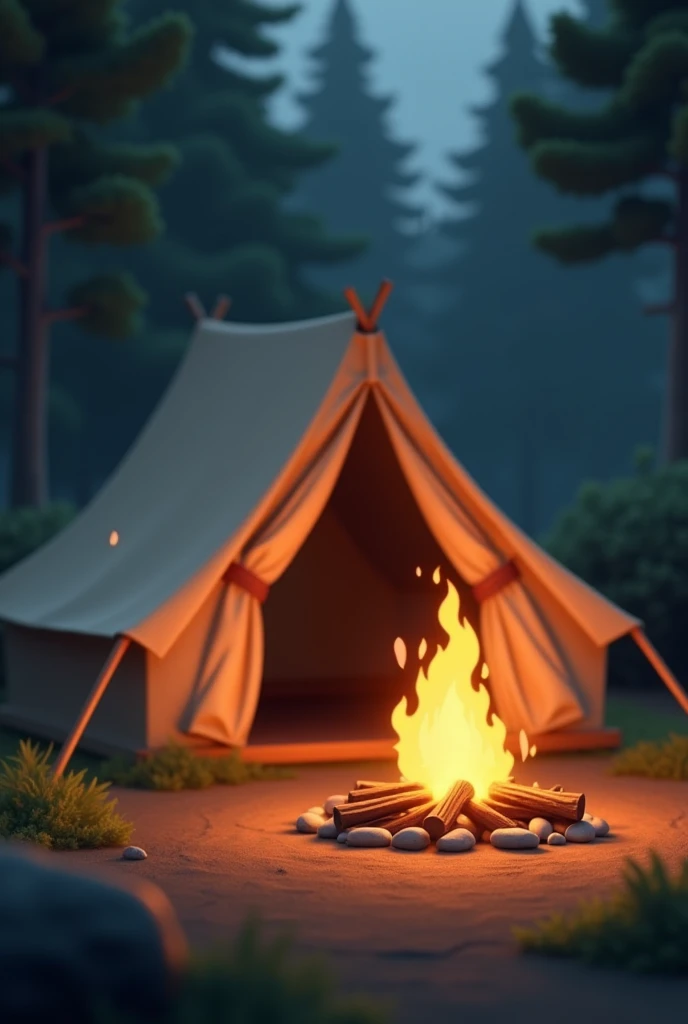 Make a gif of a tent with a campfire with fire moving
