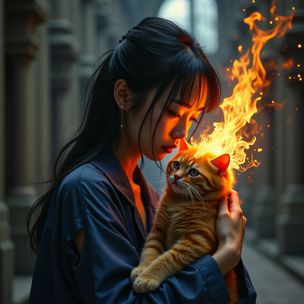 front side of a asian woman, mullet hair,wear navy torn pajamas , creates and destroys hands, one eye shedding tears of beauty and light, the other crying flames that incinerate and consume, representing the dual forces of creation and destruction. Settings: Ultra-detailed , realistic photography, concept art, dynamic movement pose ,hug a chubby orange cat ,dark gothic architecture bg