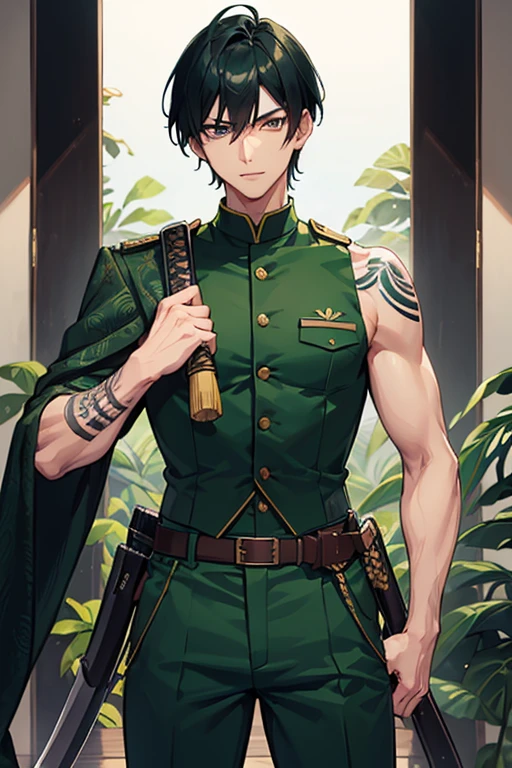 man in his 30s Asian slim complexion muscles open military uniform green vest military print green pants black hair blue black eyes dark skin tattoo holding a katana